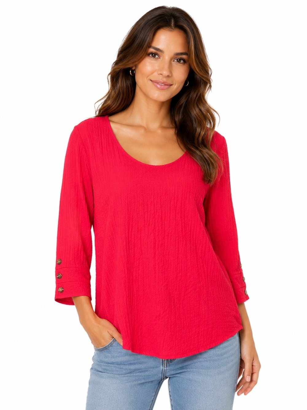 JM Collection Vibrant Red Scoop Neck Tunic with Button Cuffs